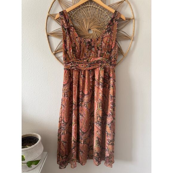 Sundance Silk Orange Brown Green Fall Autumn Paisley Y2K Midi Dress SIZE 8 - Picture 9 of 10